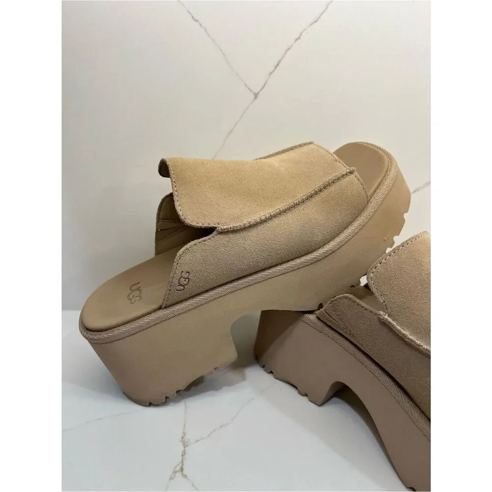 UGG Suede Platform Slide Sandals Camel Tan Square Toe Wedge Slides Sz 9